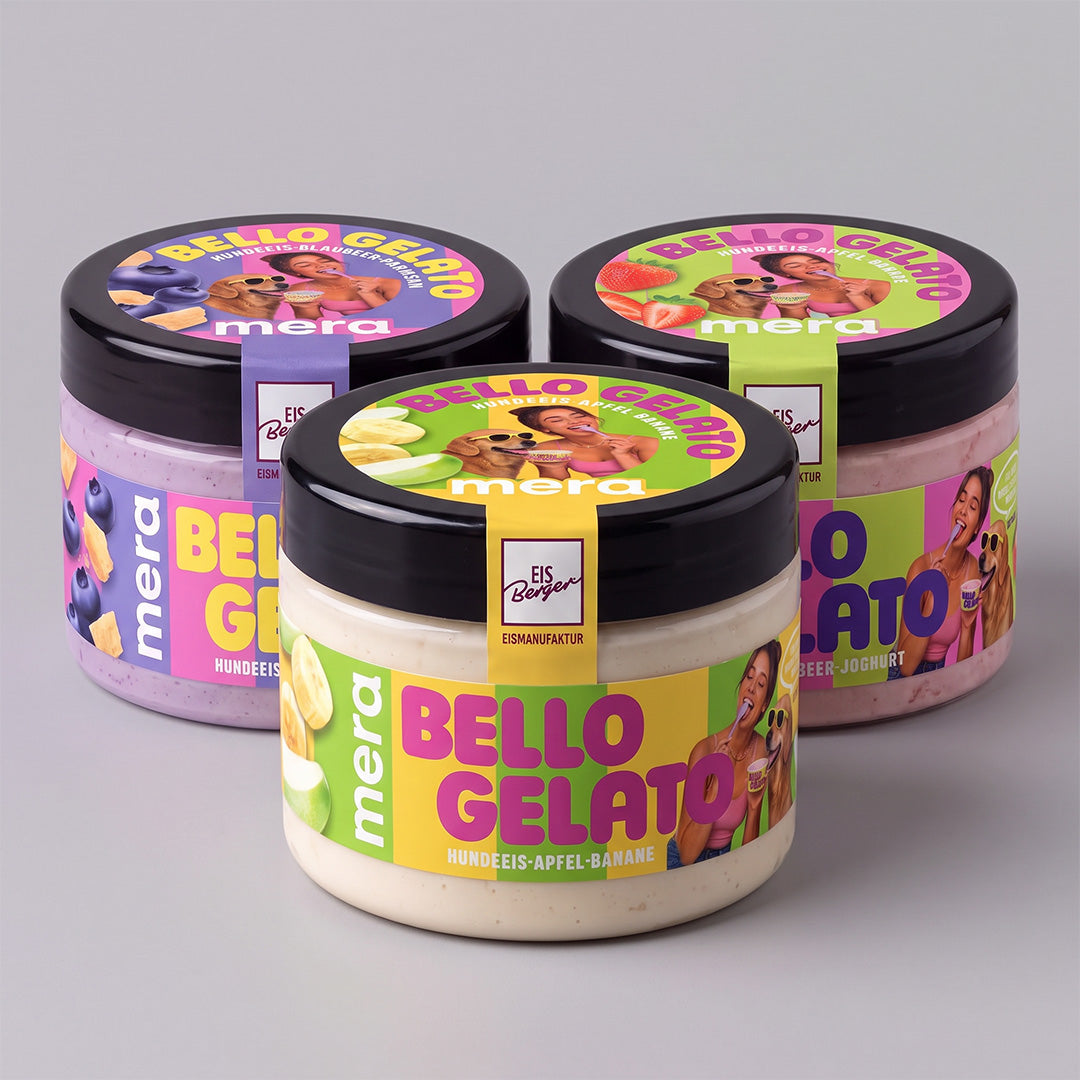 Bello Gelato Hundeeis Mix-Paket mit je zwei Bechern Erdbeer-Joghurt, Apfel-Banane und Blaubeer-Parmesan